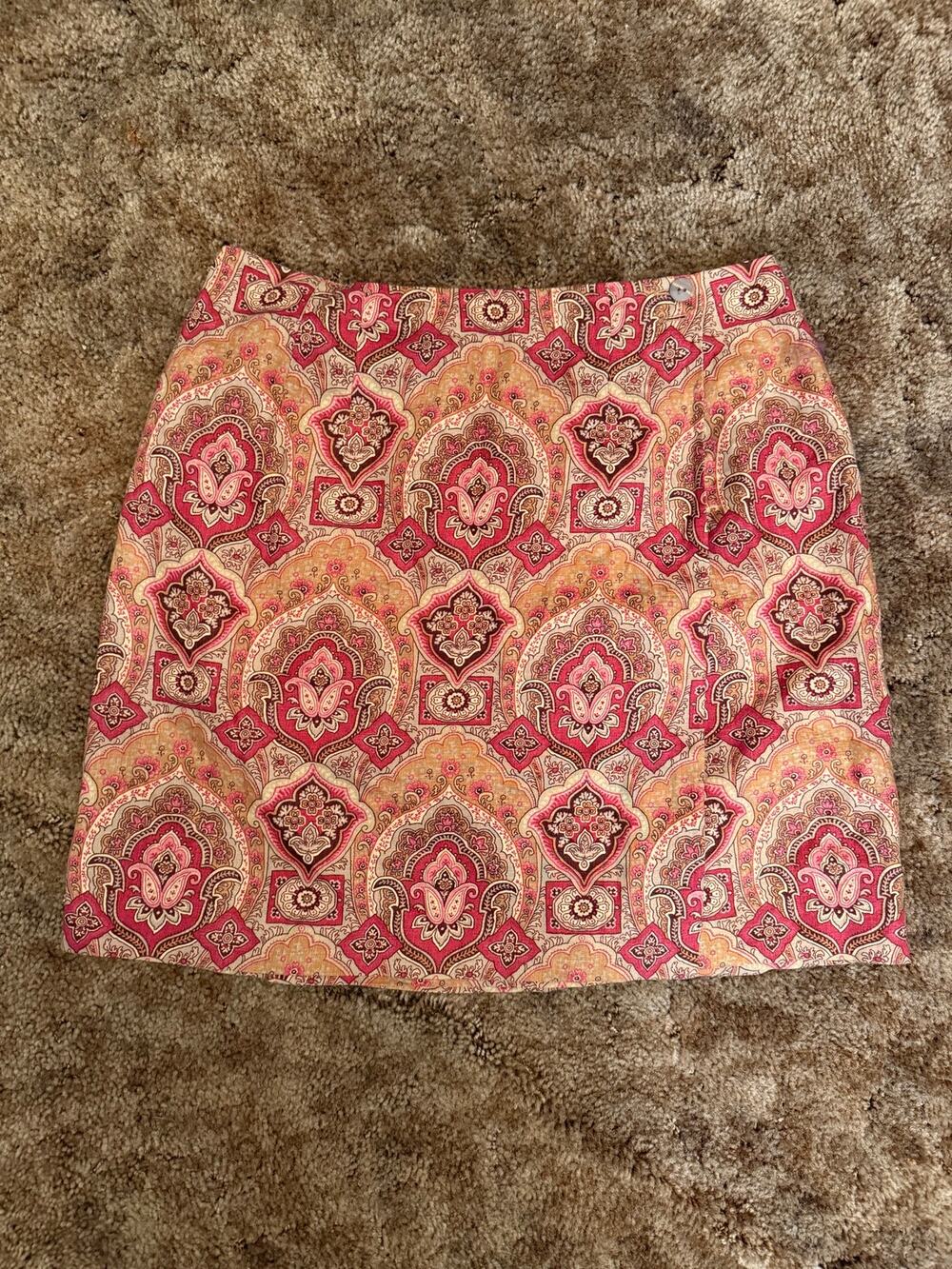 Vintage Charter Club 100% Linen Paisley Print Button Wrap Mini Skirt Pink Boho